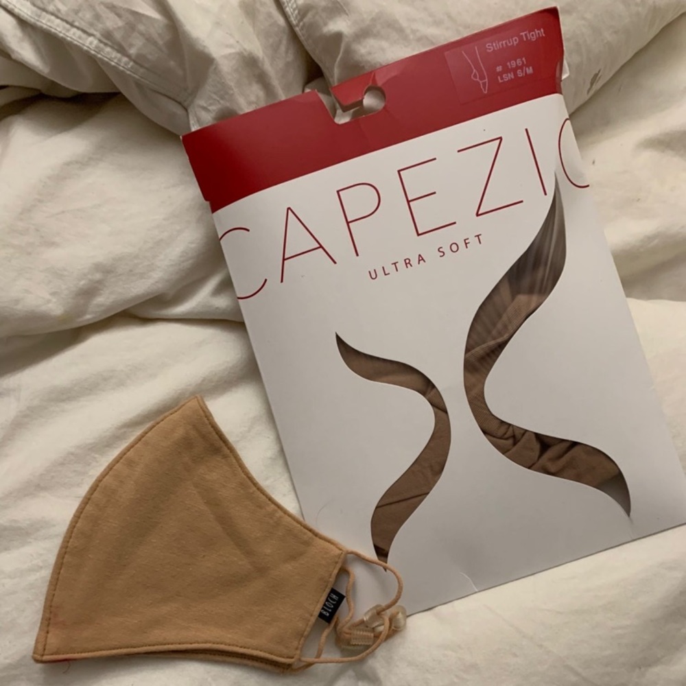 2 capezio tights + beige face mask